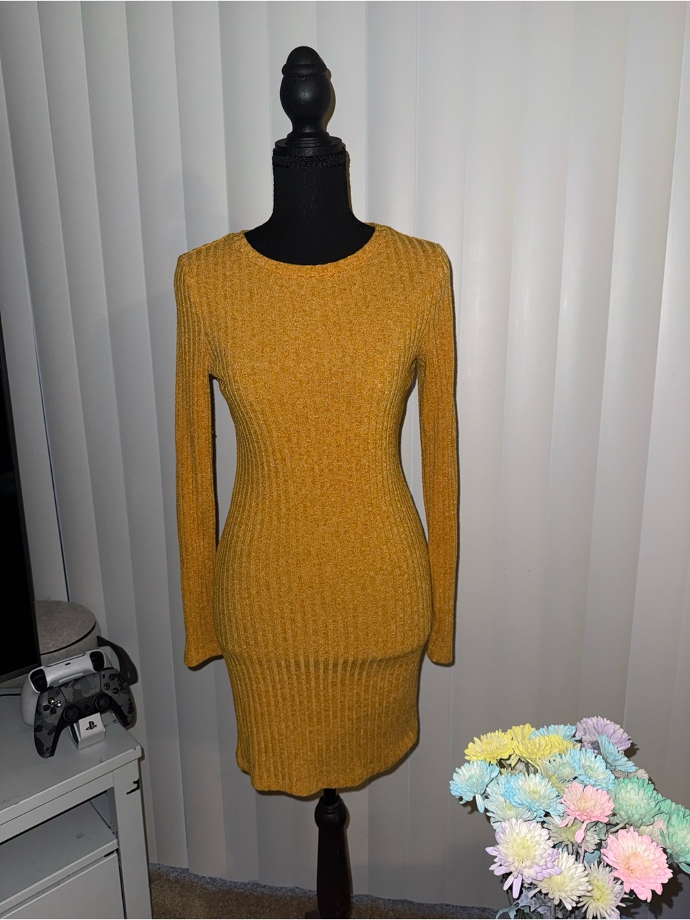 Forever 21 Ribbed Mustard Bodycon Sweater Dress